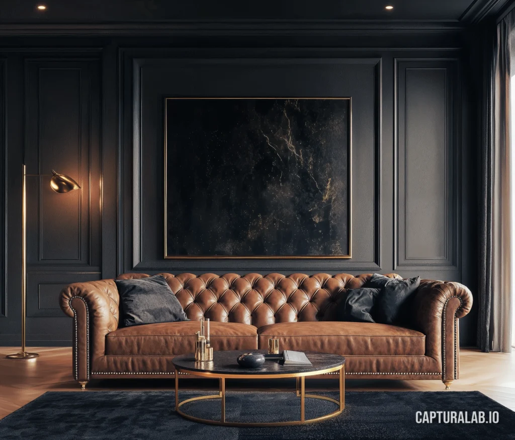 Interior design visualization of a luxurious living space with a brown Chesterfield sofa, and elegant black and gold decor.