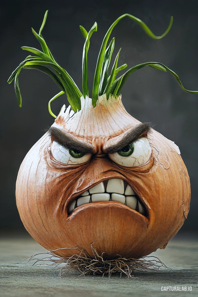 Digital design of an animated onion character with an angry expression, set in a grey background with photorealistic details.