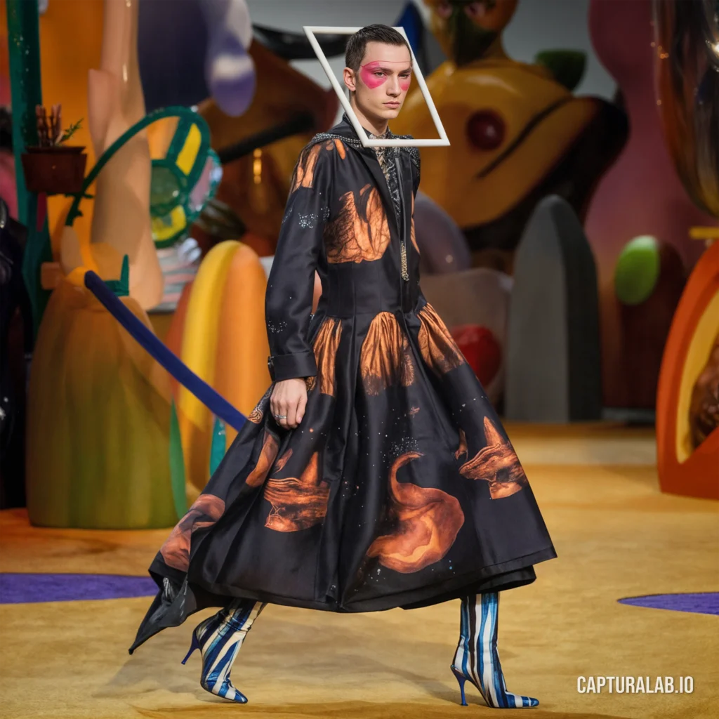 Photorealistic fashion shot of a man on a playroom-looking runway, modelling an avant-garde cosmic-patterned dress and heels.