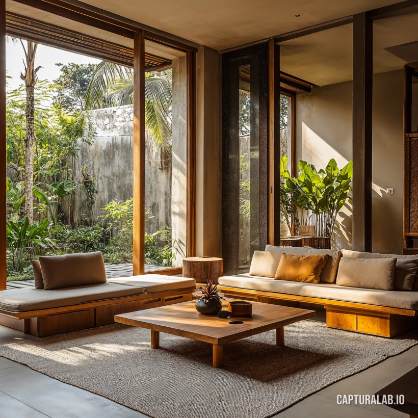 Photorealistic visualization of a modern Balinese living room, applying Japandi-style aesthetics with a lush tropical garden.