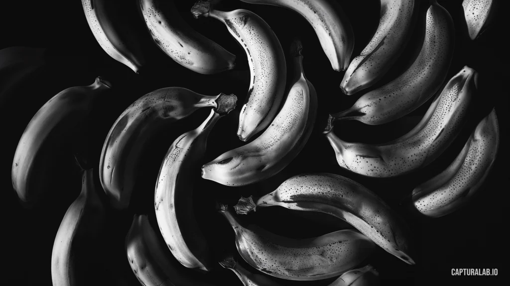 Abstract digital design of bananas in high-contrast black-and-white, arranged against a bold black background for emphasis.