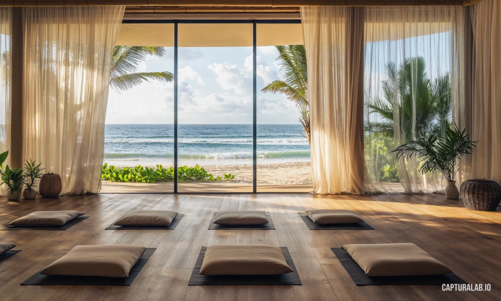 Architectural visualization of a yoga studio by the beach with natural lighting, palm trees and bright skies outside.