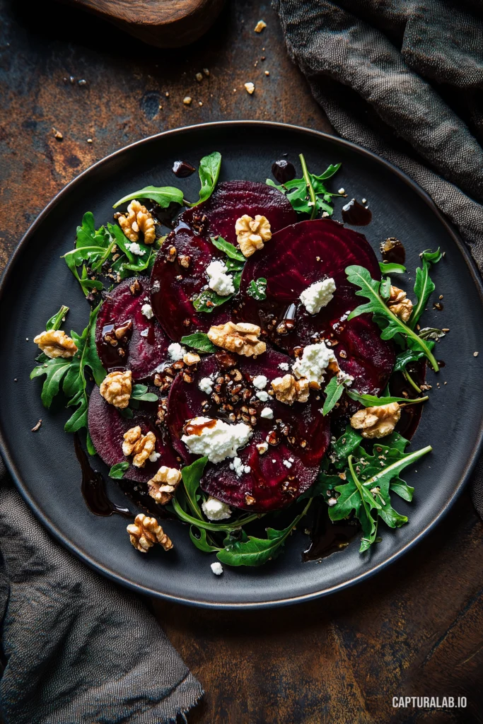 Photorealistic digital design of a plated and served beetroot, arugula, walnut, and goat cheese salad dressed with balsamic.