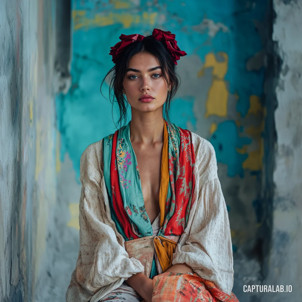 Photorealistic fashion shot of a female model in bohemian-style silk and cotton robes, against a colorfully painted wall.
