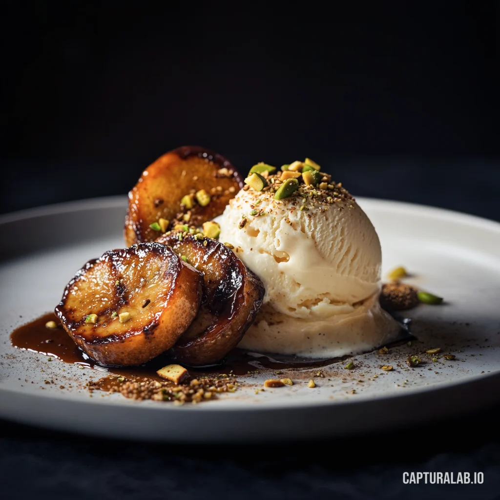 Photorealistic digital design of a gourmet dessert plate featuring caramelized bananas with vanilla ice cream and pistachios.