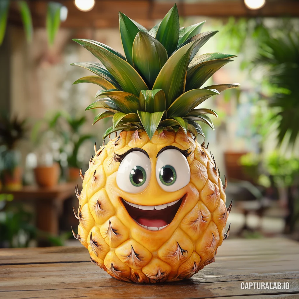 Digital artwork of an animated pineapple character with bright, cheerful eyes and a smile, in a bright room of potted plants.