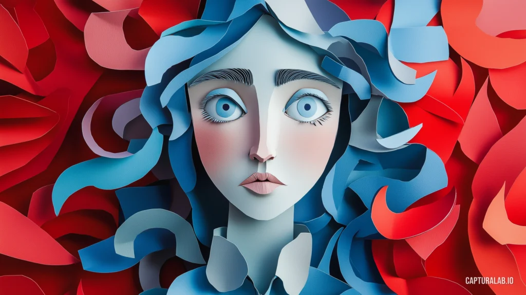 Digital artwork of a confused woman portrayed in a blue and red paper art style, with layered paper cutouts creating depth.