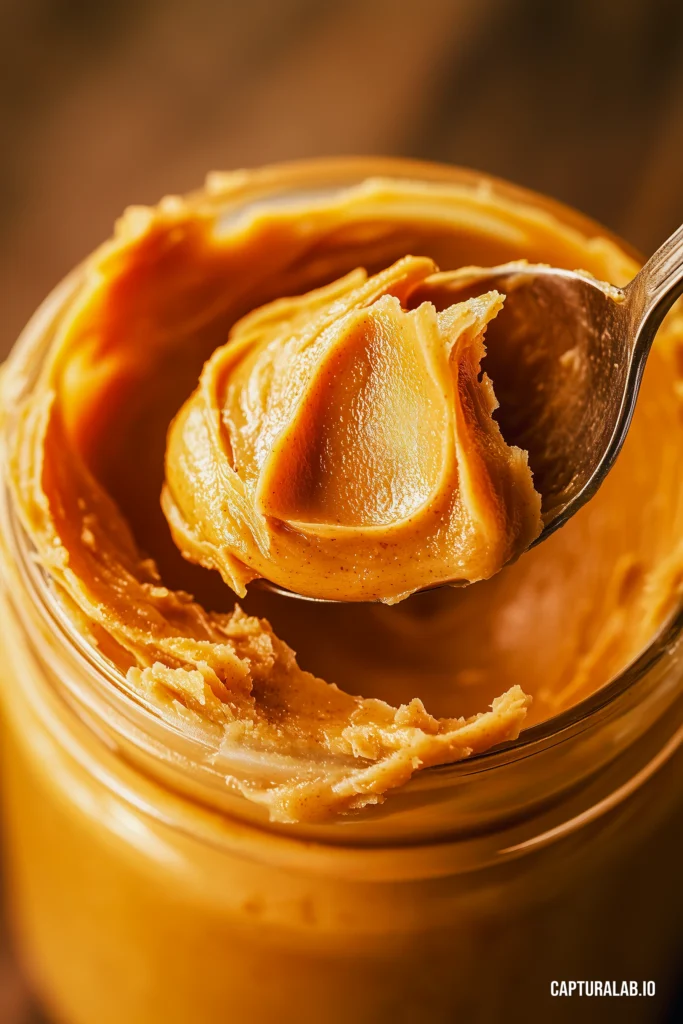 Photorealistic close-up of creamy peanut butter in a jar with a reflective metal spoon, emphasizing texture and thickness.