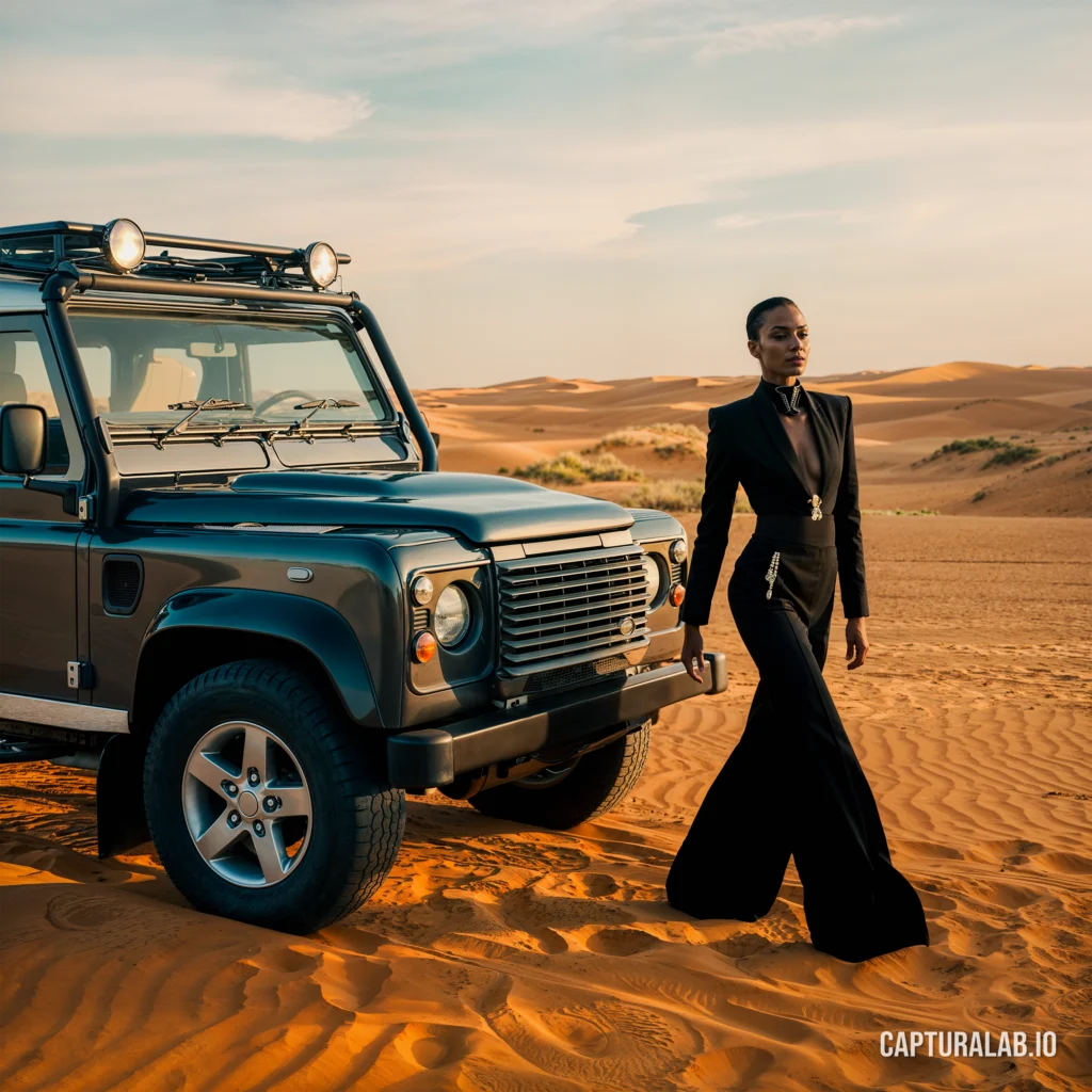 Realistic fashion and product design of a woman in a stylish black outfit beside an SUV in a vivid orange desert landscape.