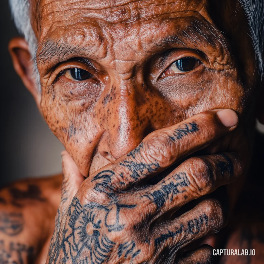 Photorealistic close-up of an elderly man's tattooed face and hands, showcasing detailed skin textures and expressive eyes.