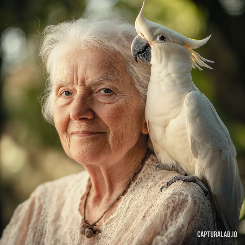 Photorealistic portrait of an elderly woman with a white cockatoo on her shoulder set against a peaceful nature background.