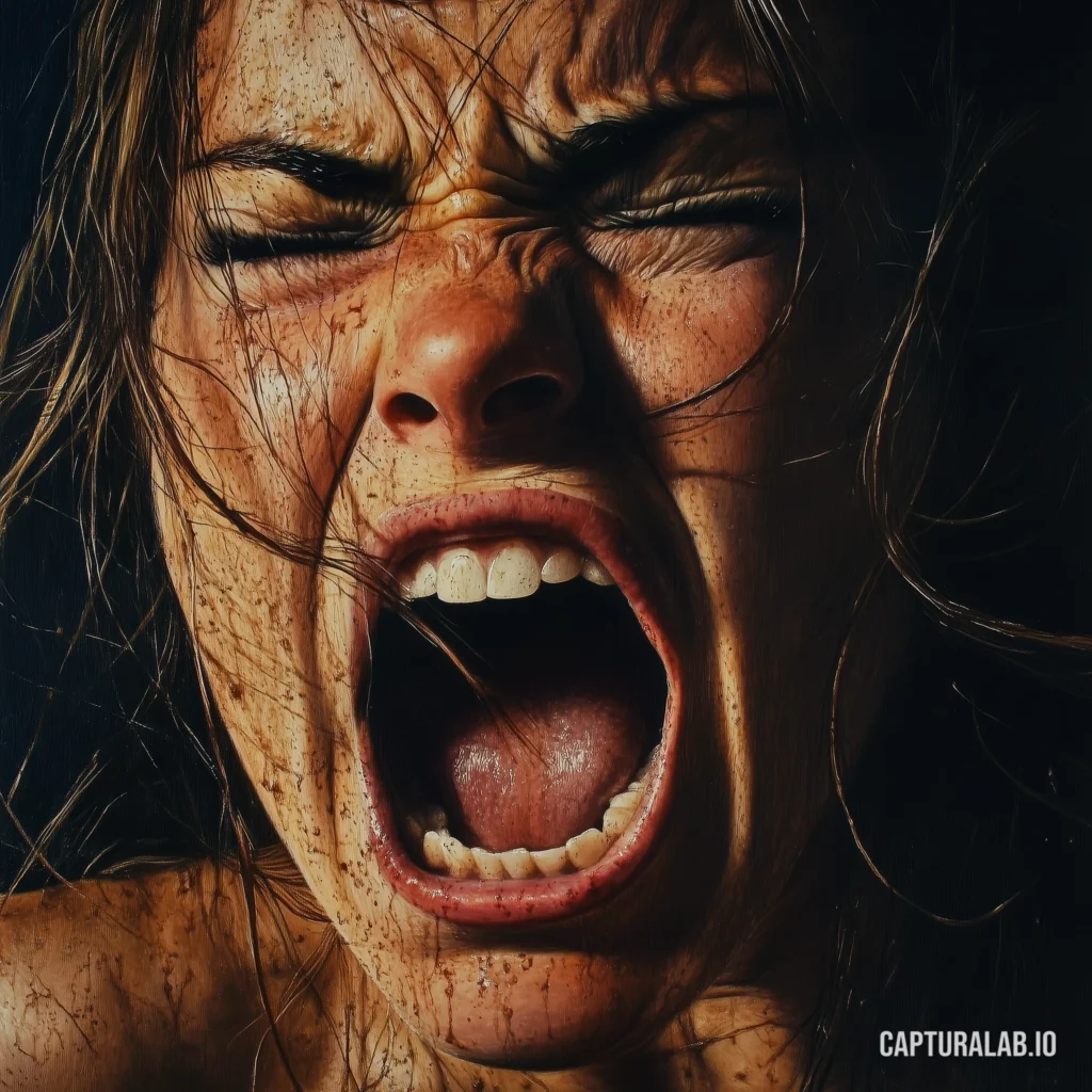 Realistic digital painting of a woman yelling, capturing a raw and passionate expression with visible dirt and grime details.