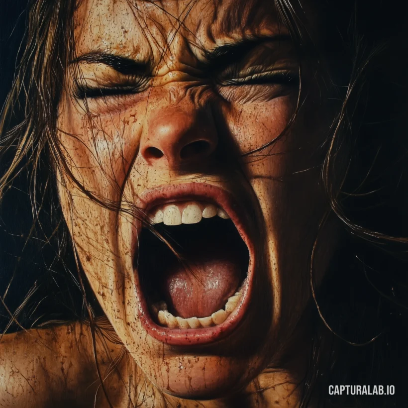 Realistic digital painting of a woman yelling, capturing a raw and passionate expression with visible dirt and grime details.