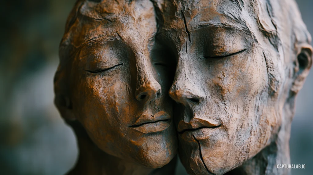 Digital artwork of an intimate sculpture of two faces merging in an embrace, with subtle bronze glaze highlights on clay.