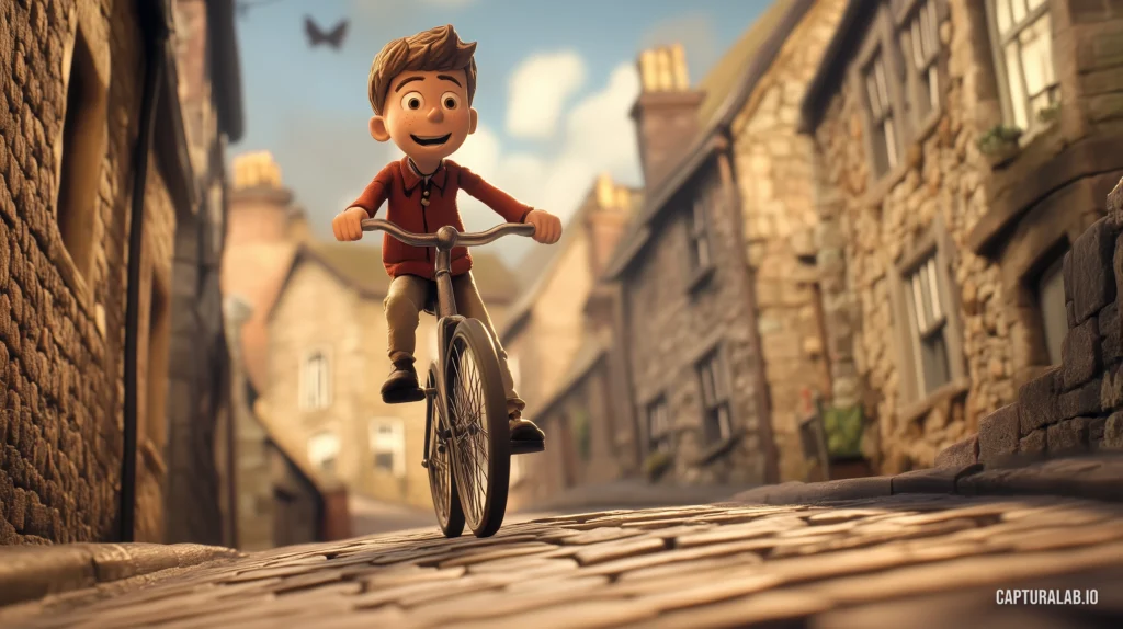 Claymation-inspired design of a young boy happily biking on a cobbled street lined with rustic houses during the daytime.