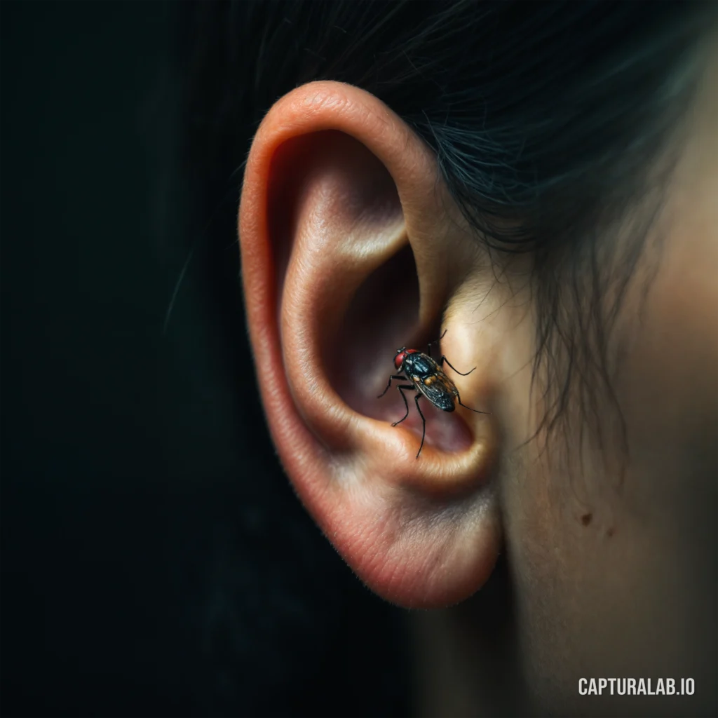 Photorealistic digital macro artwork of a housefly perched on a human ear, showcasing detailed textures of hair and skin.