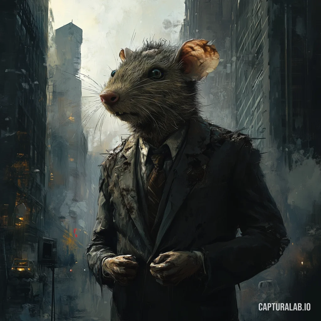 Digital, surrealistic painting of a humanoid rat in a torn suit and tie, set against a foggy and dreary busy-city background.