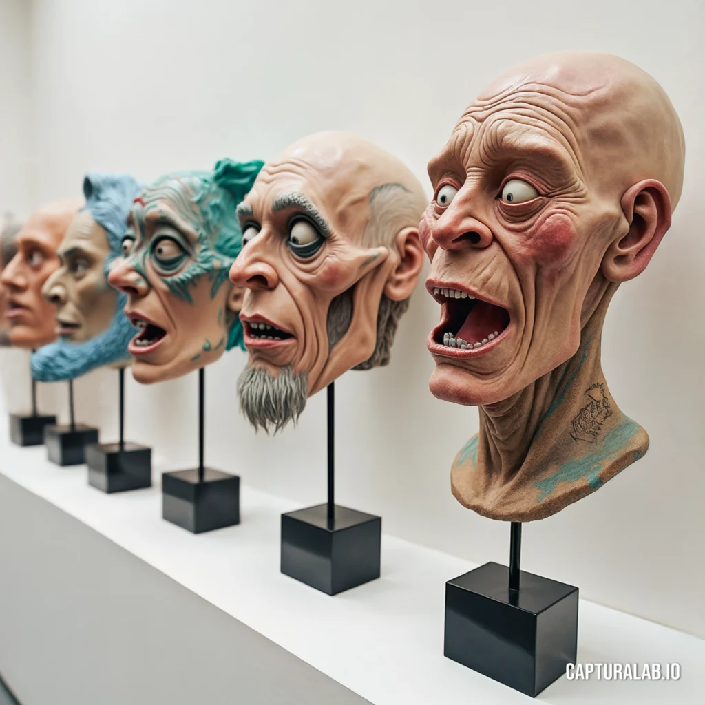 Art gallery display of sculpted theatre masks with dramatic, wrinkled expressions, arranged against a white background.