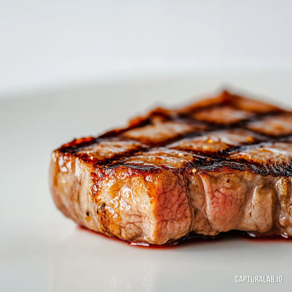 Photorealistic image of a grilled and seasoned beef steak, presented on a white background, emphasizing its succulence.