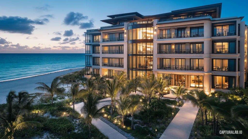 Architectural visualization of a luxury beachfront hotel at sunset, with vibrant palm trees and a scenic ocean view.