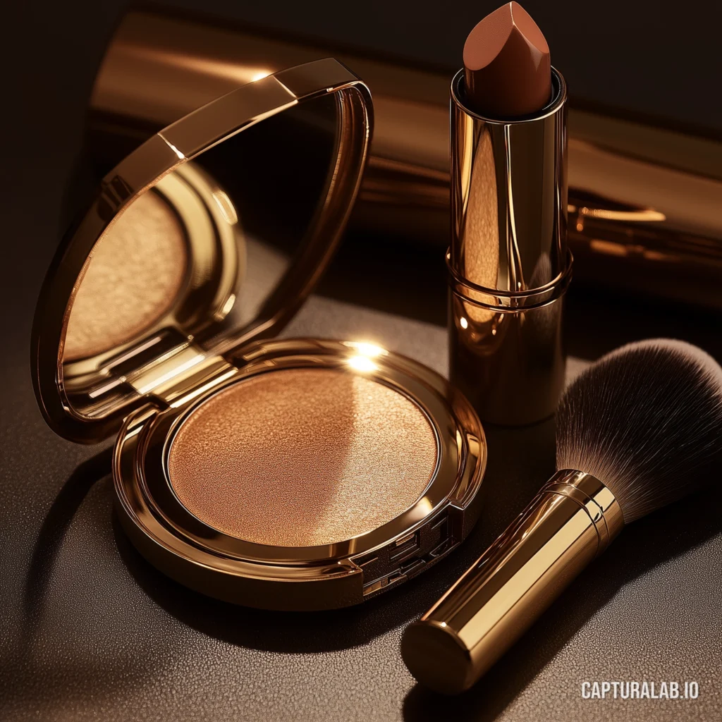 Digital product close-up of a luxury makeup kit with gold and brown metallic accessories, textured brushes and lipstick.