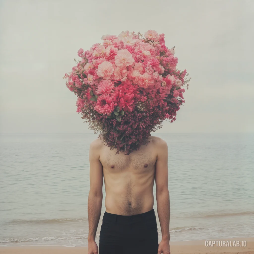 Digital surrealistic artwork of a man on a foggy beach with his head replaced by a bouquet of flowers, in muted colors.