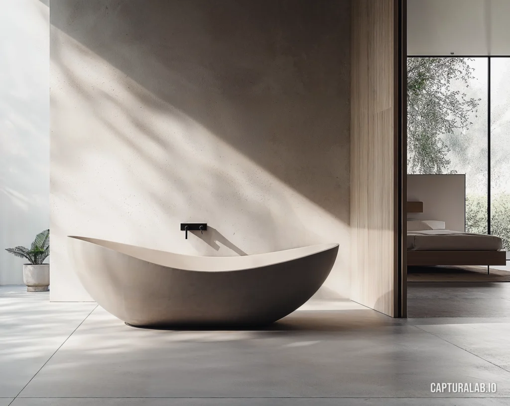 Architectural visualization of a minimalist bathroom in a luxury hotel suite, with a freestanding stone oval bathtub.