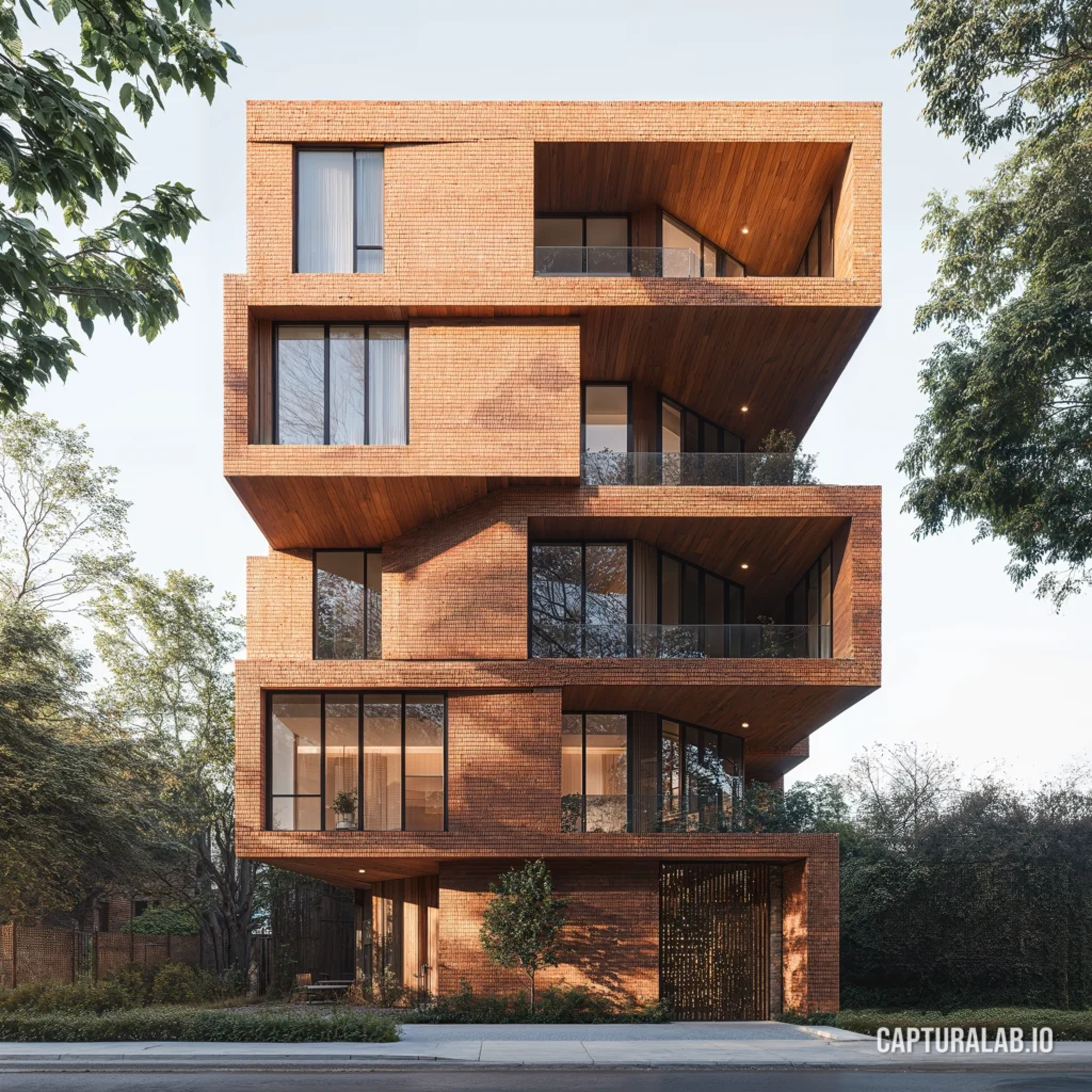 Photorealistic design of a modern brick and timber apartment building, featuring wide terraces, shrubbery and glass railings.