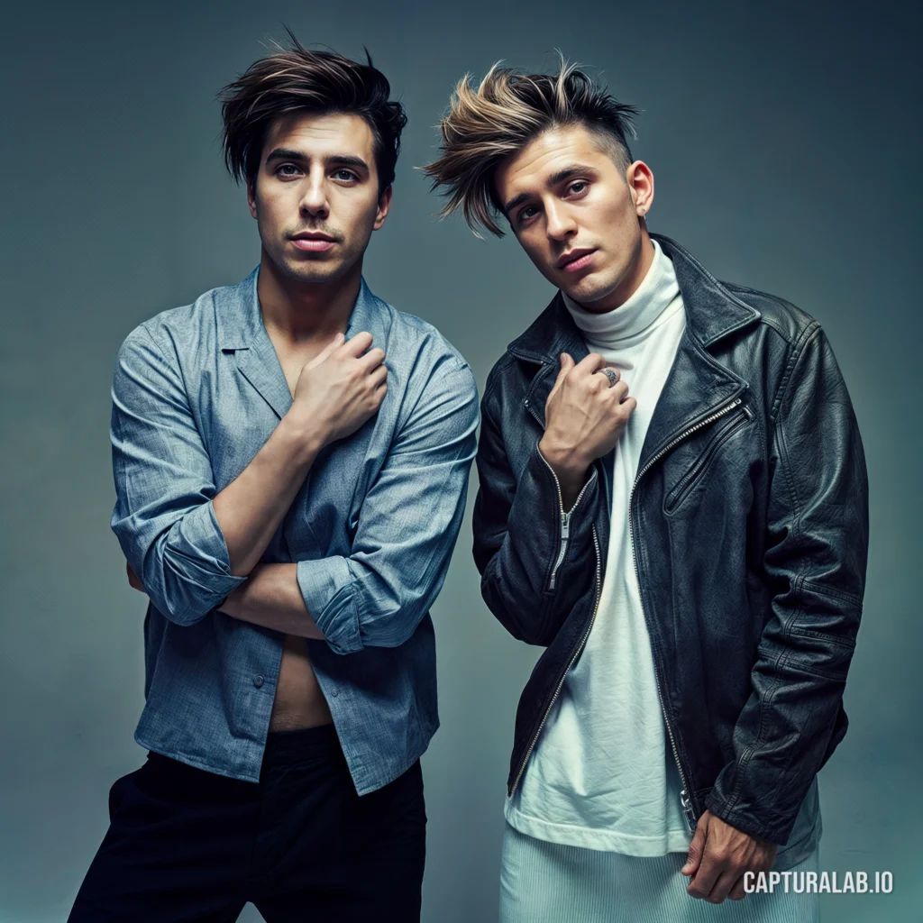 Photorealistic fashion shot of two casually dressed men in a leather jacket and a denim shirt, against a grey background.