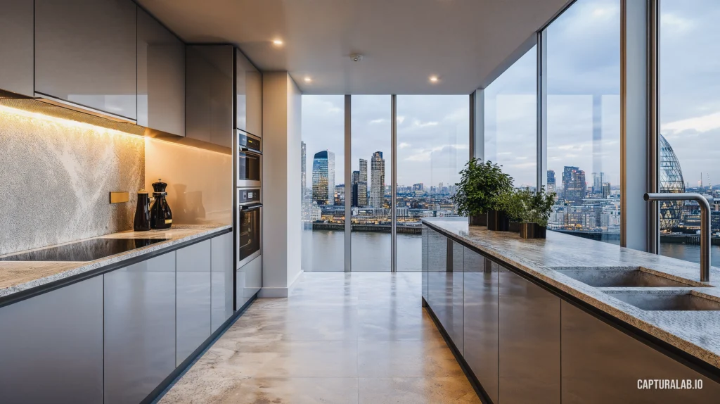 Photorealistic visualization of a modern high-rise kitchen in London, featuring marble surfaces and a panoramic skyline view.