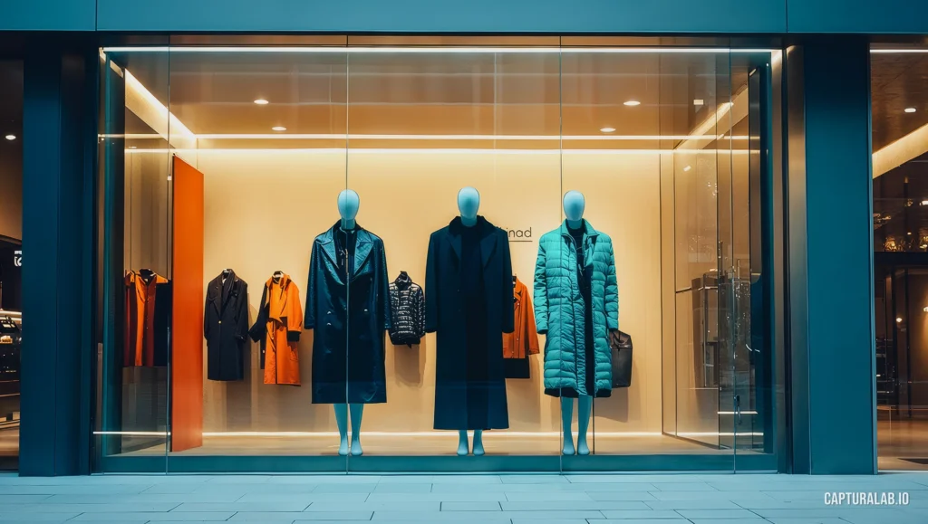 Realistic visualization of a modern boutique storefront displaying luxury apparel on mannequins, with sophisticated lighting.
