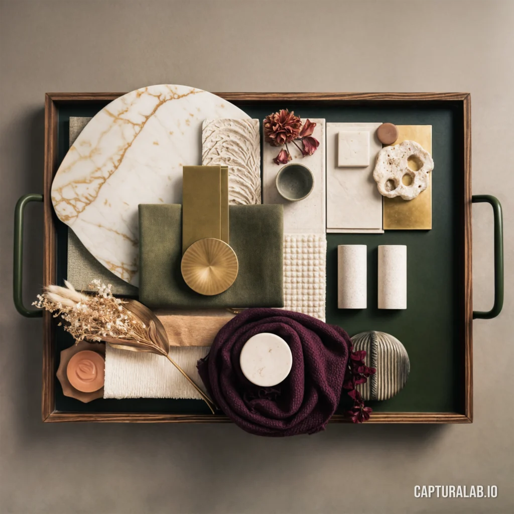 Photorealistic design of an architectural moodboard with diverse textures like marble and silk, set in warm, earthy tones.