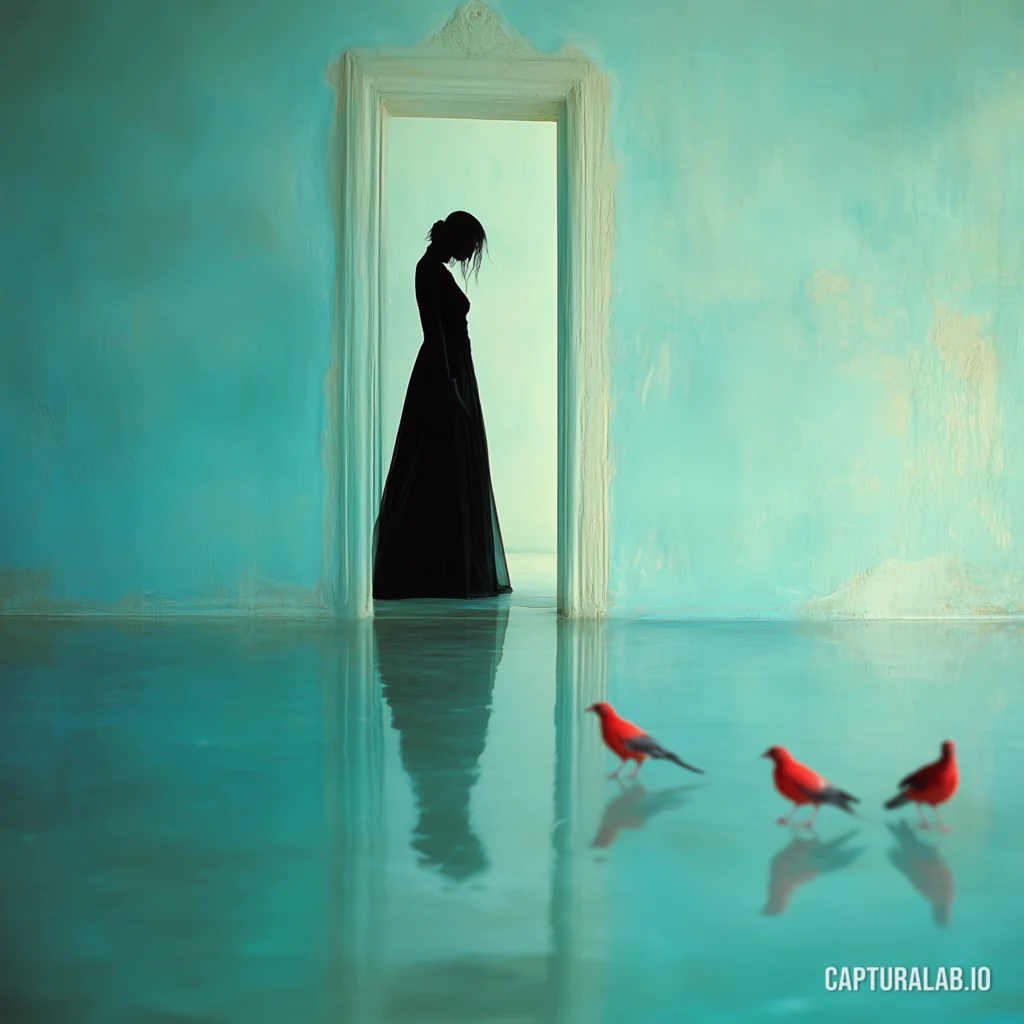 Digital surrealist painting of a flooded blue room with red birds and a mysterious silhouette of a woman in a doorway.
