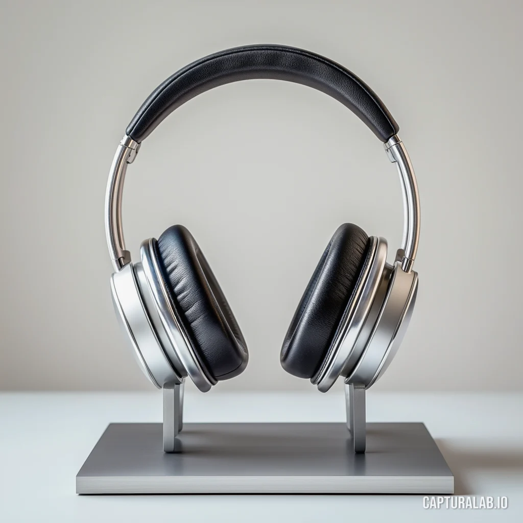 Photorealistic image of sleek over-ear headphones on a minimalist metal stand, emphasizing modern design and clean lines.