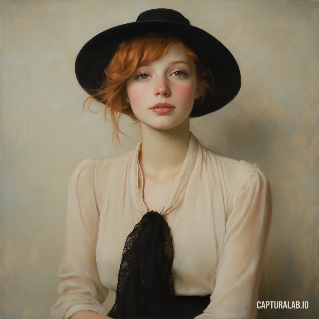 Digital painting of a young Victorian-style woman with reddish hair, a silk blouse and an elegant dark hat.
