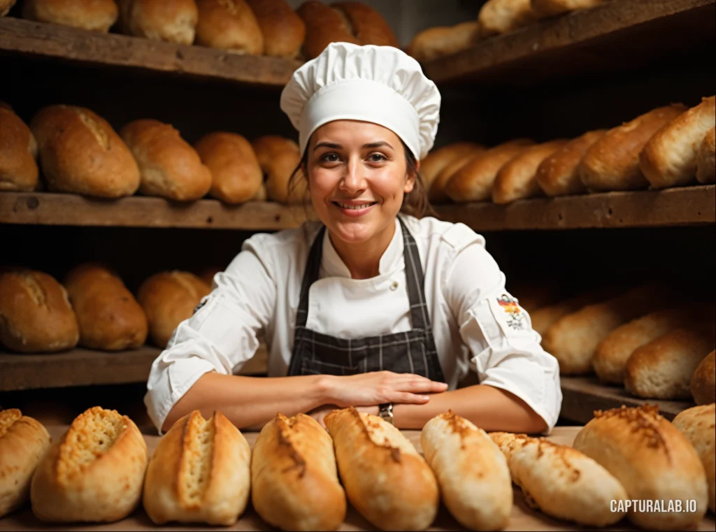Photorealistic character concept of a professional baker smiling amid freshly baked breads, wearing a chef's hat and apron.