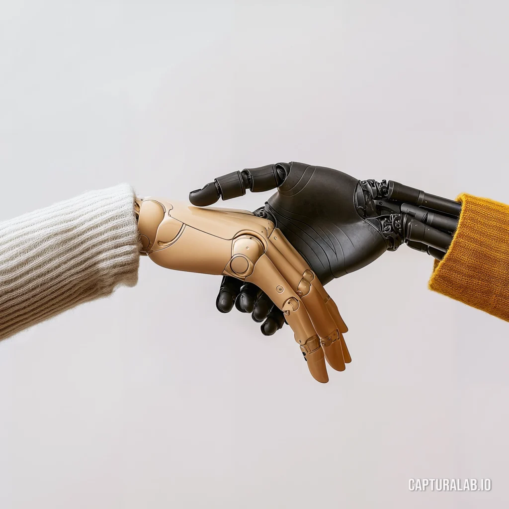 Photorealistic product image of two futuristic prosthetic hands with woolen sleeves in a handshake, against a white backdrop.