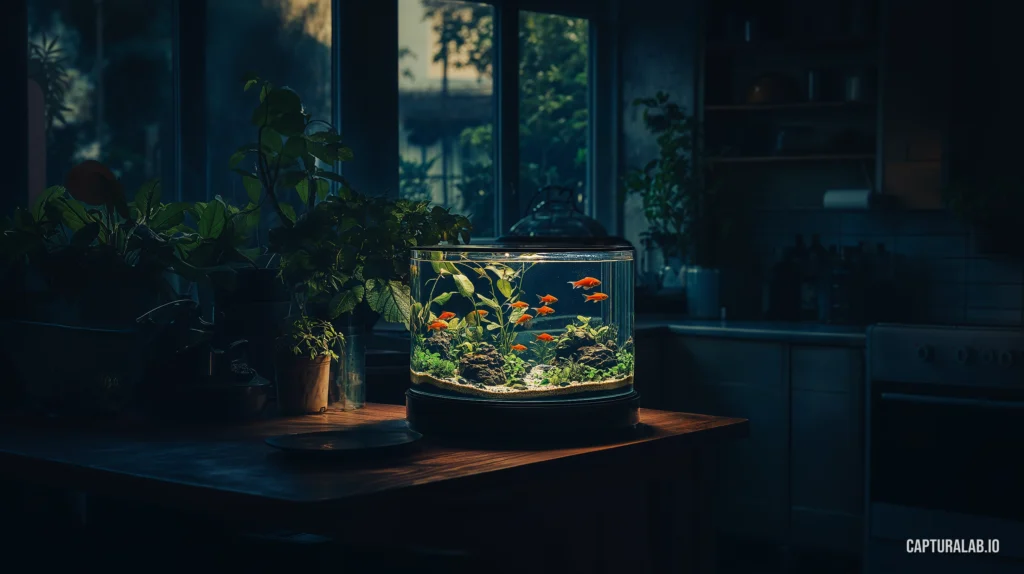Photorealistic image of a small, round home aquarium with several goldfish, softly glowing in a dark kitchen full of plants.