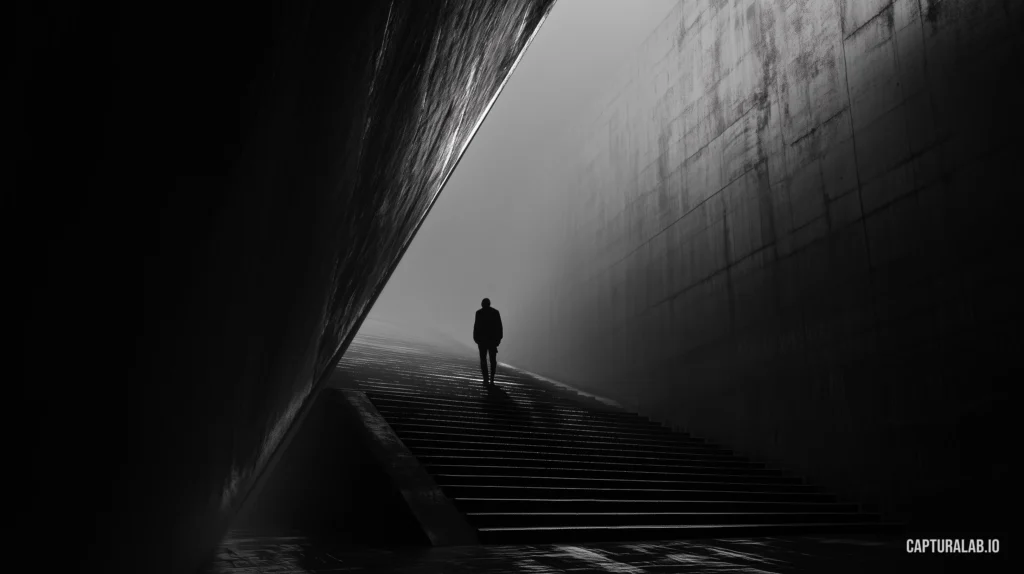 Digital monochrome painting of a solitary figure ascending stairs in a monolithic structure, towards a pervasive wall of fog.