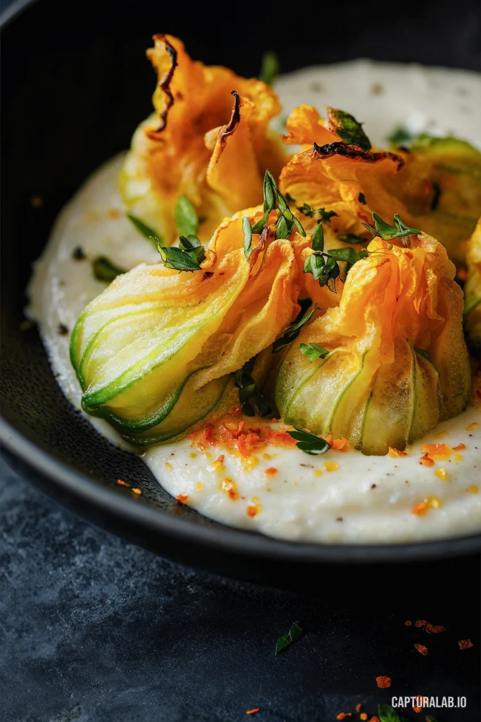 Close-up digital design of a gourmet dish featuring stuffed squash blossoms with creamy sauce, served on a rustic plate.