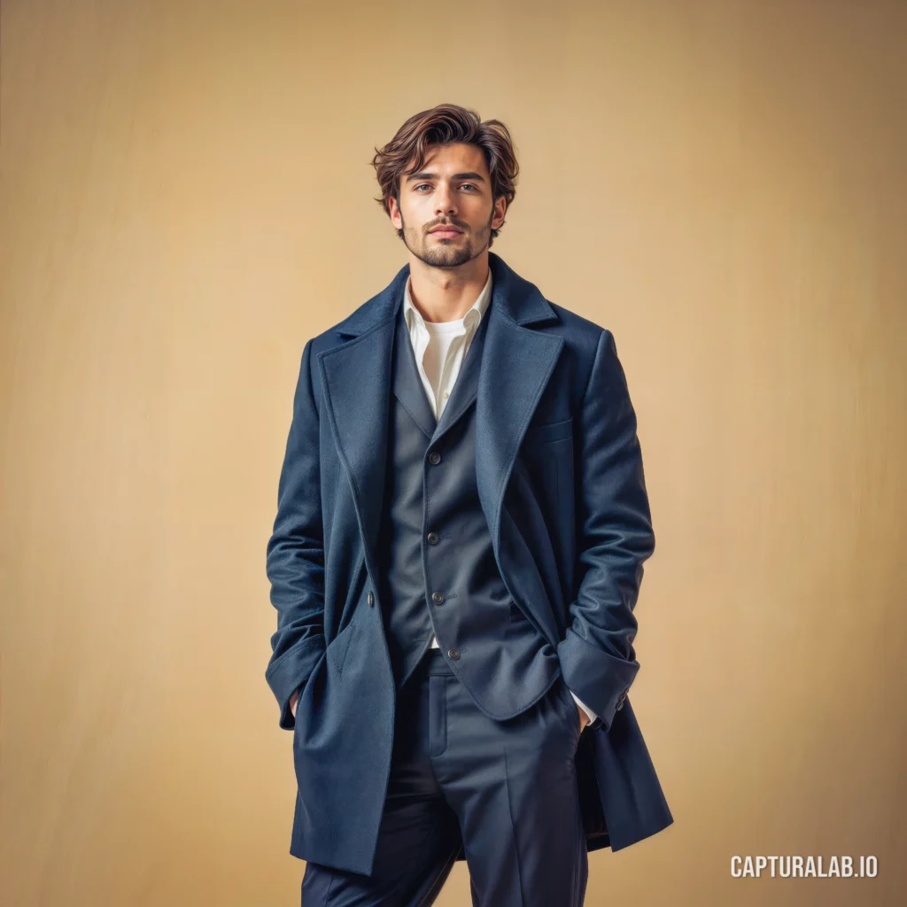 Photorealistic fashion shot of a stylish man in a modern blue coat and smart casual attire against a beige background.