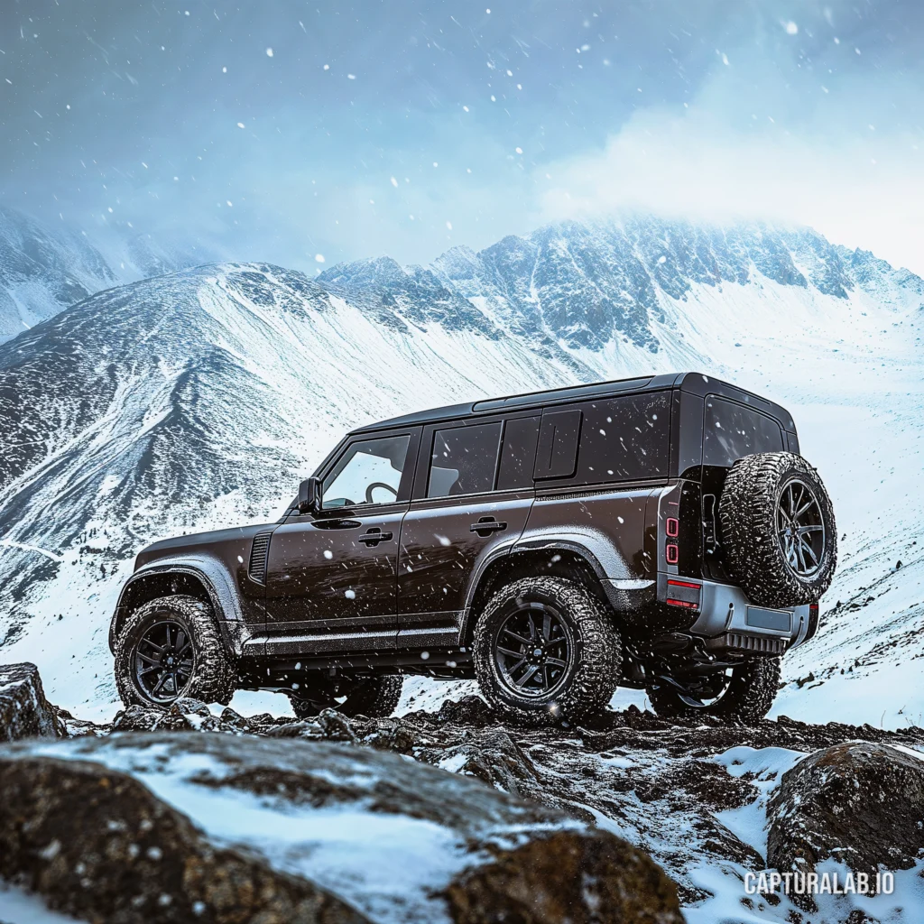Digital landscape shot of a dark SUV driving under snowy mountain peaks, with reflective metal surfaces and falling snow.