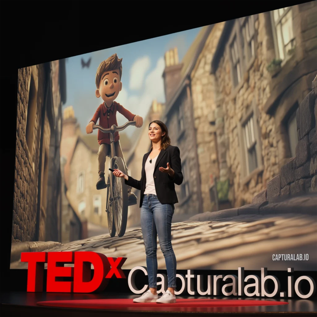 Speculative digital design of a TEDx presentation by Capturalab, featuring a female speaker on stage with vibrant visuals.