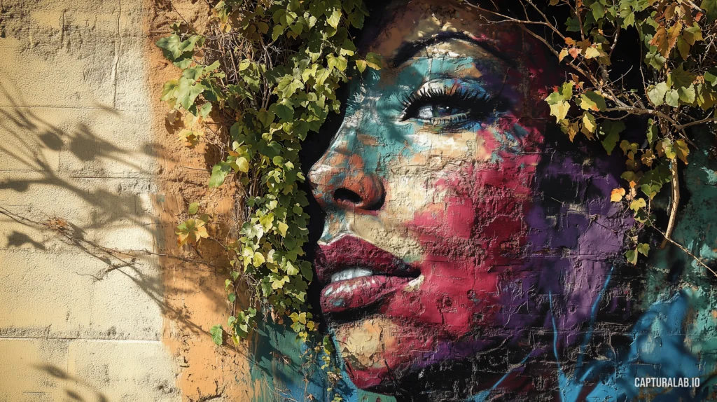 Photorealistic image of a surreal urban mural blending a woman's colourful painted face with nature, adorned by real leaves.