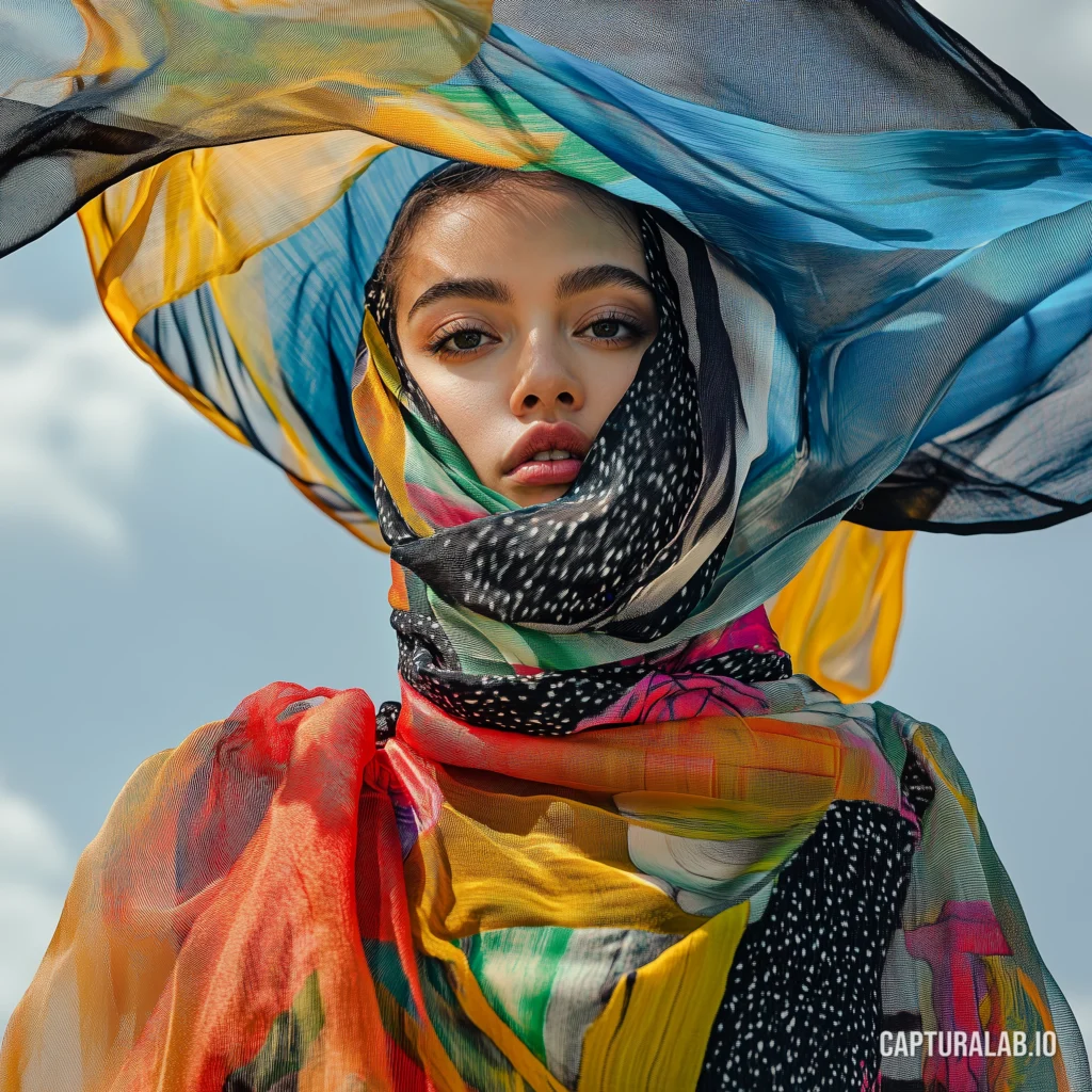 Photorealistic fashion shot of a female model draped in colorful silk scarves, flowing in the wind against a bright sky.