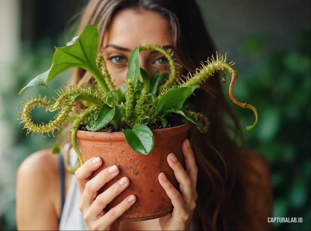 Photorealistic close-up of a woman holding up a carnivorous plant in a terracotta pot, its leaves obscuring her face.