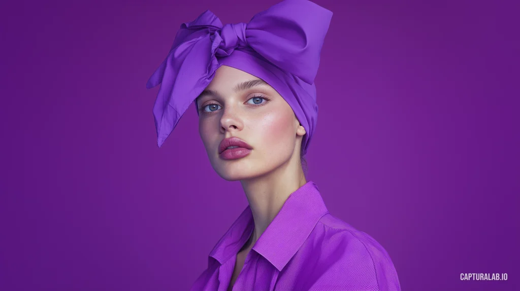 Photorealistic digital portrait of a woman in a minimalist purple headscarf and blouse, set against a matching background.