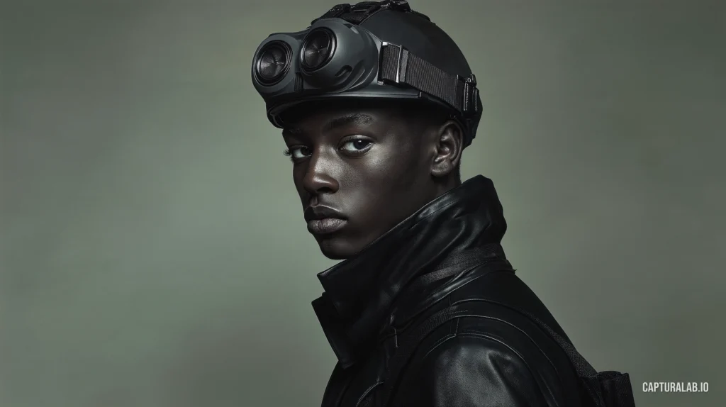 Photorealistic fashion shot of a young man in a leather jacket and futuristic black helmet, posed against a grey background.
