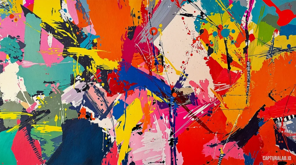 Vibrant AI-generated abstract painting on canvas with expressive brushstrokes, bold color fields, and layered textures.