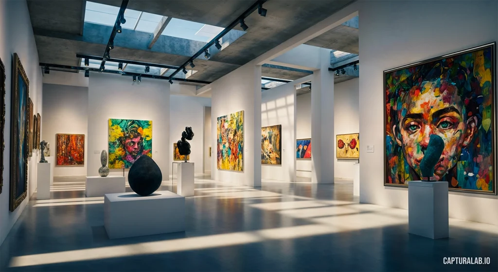 Contemporary art gallery featuring vivid painted portraits and modern sculptures, bathed in soft skylight shadows.